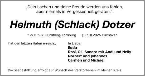 Traueranzeige von Helmuth Dotzer von Gesamtausgabe Nürnberger Nachrichten/ Nürnberger Ztg.