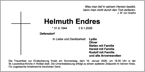 Traueranzeige von Helmuth Endres von Fürther Nachrichten Lokal