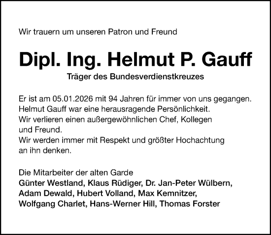 Traueranzeige von Helmut P. Gauff von Gesamtausgabe Nürnberger Nachrichten/ Nürnberger Ztg.
