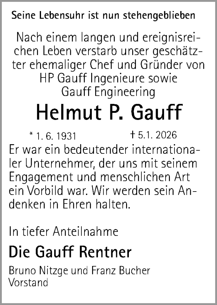  Traueranzeige für Helmut P. Gauff vom 17.01.2026 aus Gesamtausgabe Nürnberger Nachrichten/ Nürnberger Ztg.