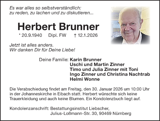 Traueranzeige von Herbert Brunner von Gesamtausgabe Nürnberger Nachrichten/ Nürnberger Ztg.