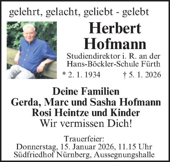Traueranzeige von Herbert Hofmann von Gesamtausgabe Nürnberger Nachrichten/ Nürnberger Ztg./ Fürther Nachrichten