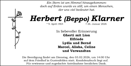 Traueranzeige von Herbert Klarner von Schwabacher Tagblatt Lokal