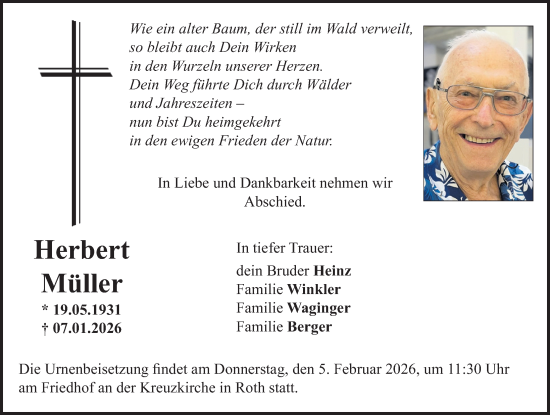 Traueranzeige von Herbert Müller von Roth-Hilpoltsteiner Volkszeitung Lokal
