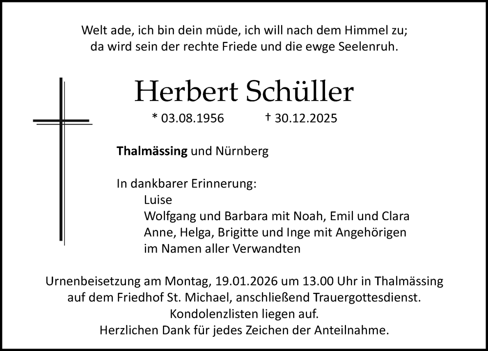  Traueranzeige für Herbert Schüller vom 15.01.2026 aus Roth-Hilpoltsteiner Volkszeitung Lokal