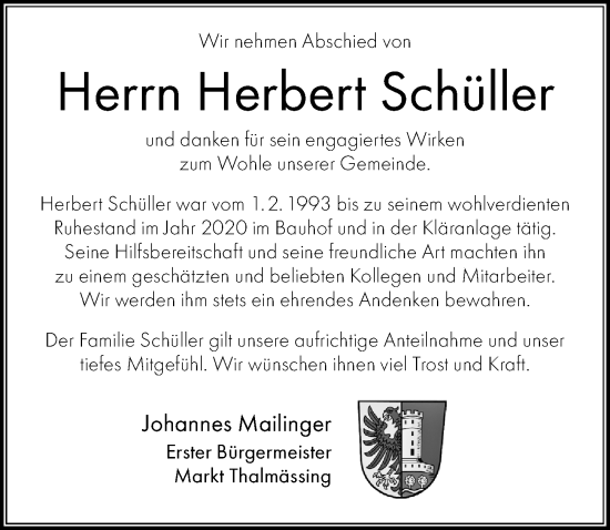 Traueranzeige von Herbert Schüller von Roth-Hilpoltsteiner Volkszeitung Lokal