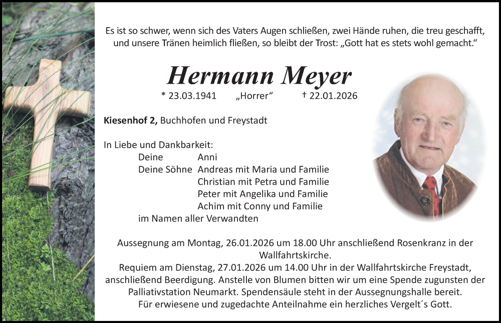  Traueranzeige für Hermann Meyer vom 24.01.2026 aus Neumarkter Nachrichten Lokal