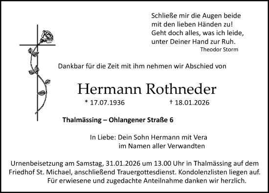Traueranzeige von Hermann Rothneder von Roth-Hilpoltsteiner Volkszeitung Lokal