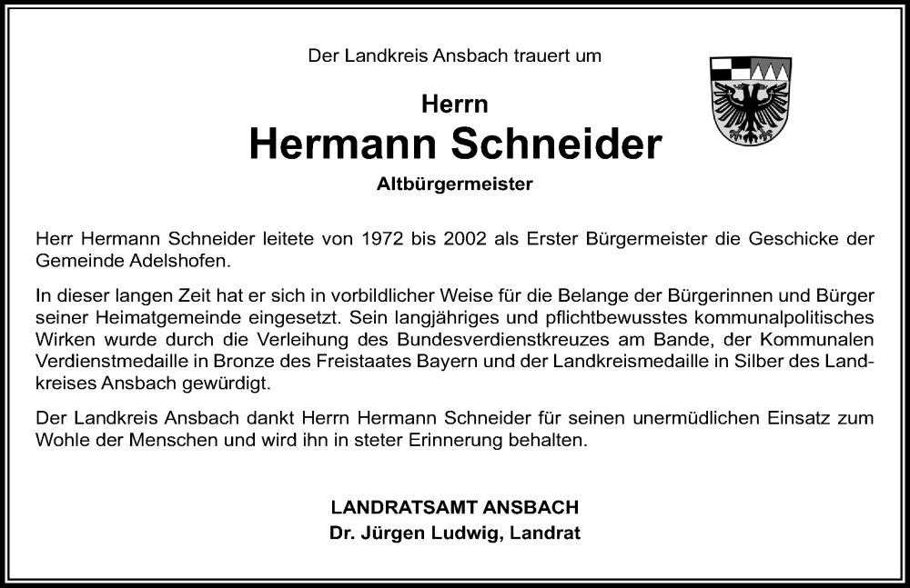  Traueranzeige für Hermann Schneider vom 03.01.2026 aus Altmühl-Bote Lokal
