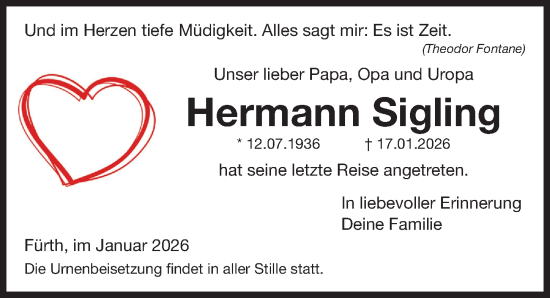 Traueranzeige von Hermann Sigling von Fürther Nachrichten Lokal