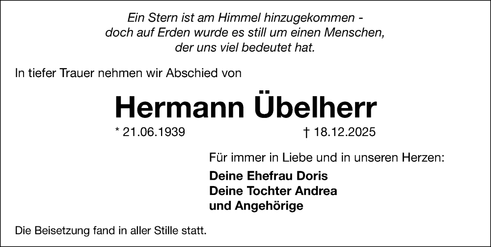  Traueranzeige für Hermann Übelherr vom 03.01.2026 aus Gesamtausgabe Nürnberger Nachrichten/ Nürnberger Ztg.