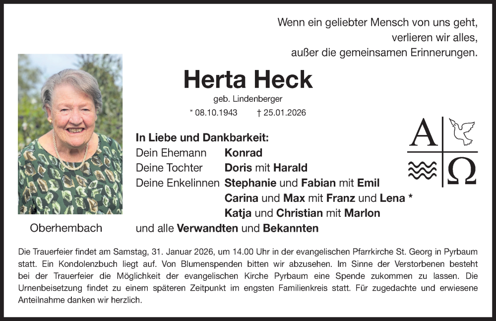  Traueranzeige für Herta Heck vom 28.01.2026 aus Neumarkter Nachrichten Lokal