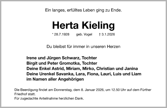 Traueranzeige von Herta Kieling von Fürther Nachrichten Lokal