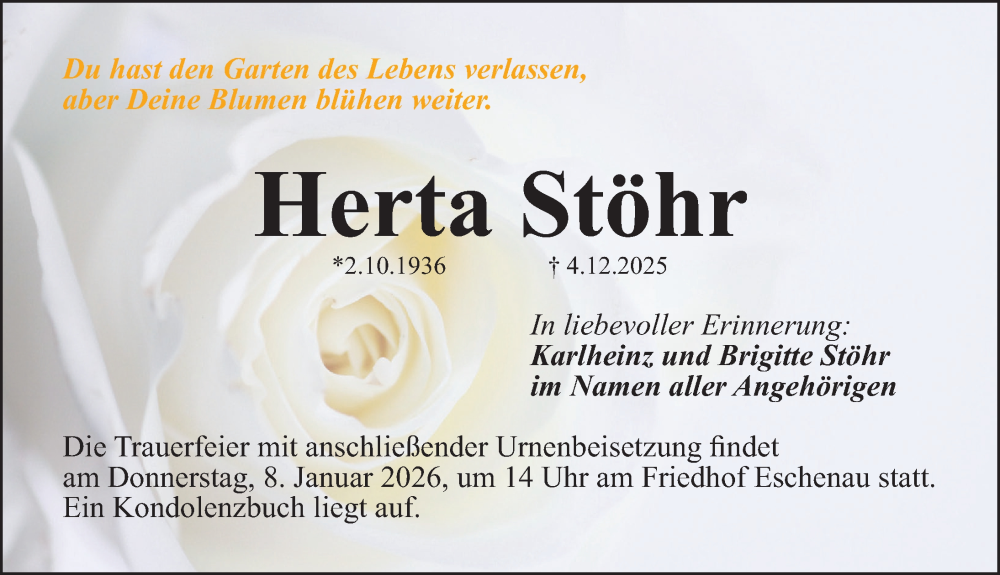  Traueranzeige für Herta Stöhr vom 03.01.2026 aus Gesamtausgabe Nürnberger Nachrichten/ Nürnberger Ztg.