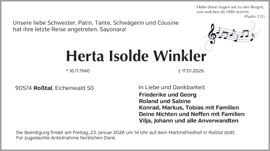 Traueranzeige von Herta Isolde Winkler von Fürther Nachrichten Lokal