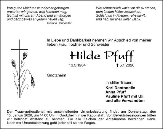 Traueranzeige von Hilde Pfuff von Altmühl-Bote Lokal
