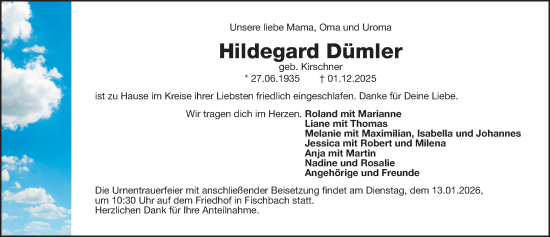 Traueranzeige von Hildegard Dümler von Gesamtausgabe Nürnberger Nachrichten/ Nürnberger Ztg.