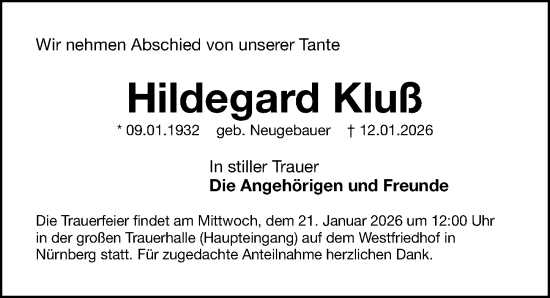 Traueranzeige von Hildegard Kluß von Gesamtausgabe Nürnberger Nachrichten/ Nürnberger Ztg.