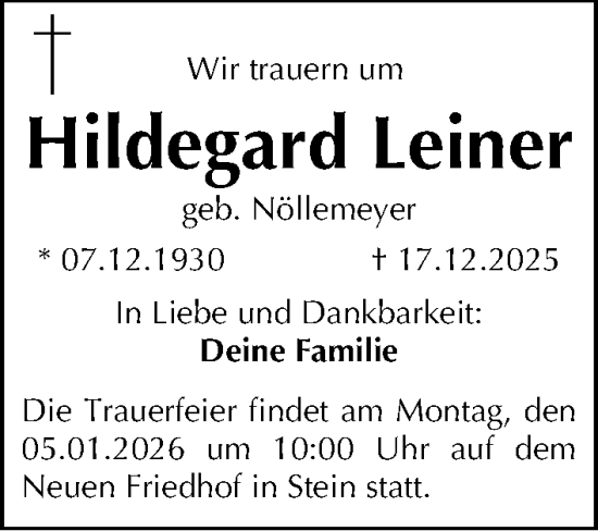 Traueranzeige von Hildegard Leiner von Fürther Nachrichten Lokal