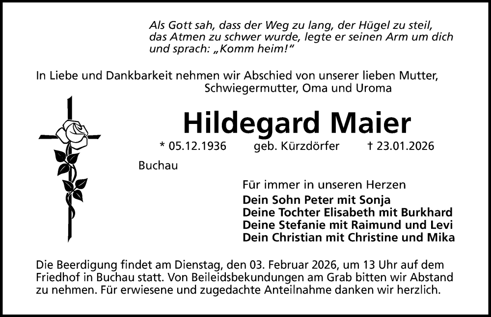  Traueranzeige für Hildegard Maier vom 31.01.2026 aus Nordbayerische Nachrichten Pegnitz Lokal
