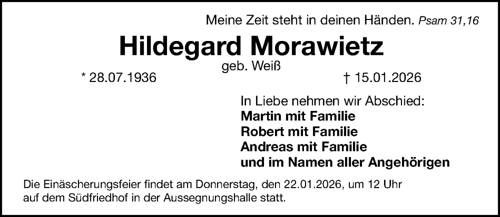  Traueranzeige für Hildegard Morawietz vom 19.01.2026 aus Gesamtausgabe Nürnberger Nachrichten/ Nürnberger Ztg.