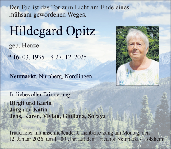Traueranzeige von Hildegard Opitz von Neumarkter Nachrichten Lokal