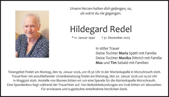 Traueranzeige von Hildegard Redel von Nordbayerische Nachrichten Forchheim Lokal
