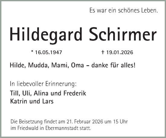 Traueranzeige von Hildegard Schirmer von Gesamtausgabe Nürnberger Nachrichten/ Nürnberger Ztg.