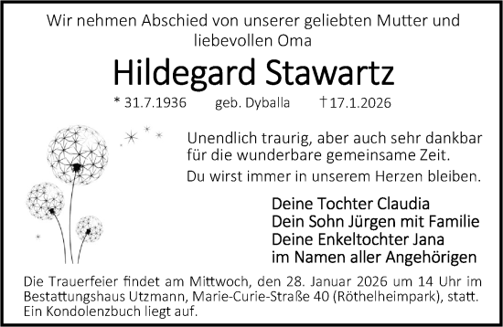 Traueranzeige von Hildegard Stawartz von Erlanger Nachrichten Lokal