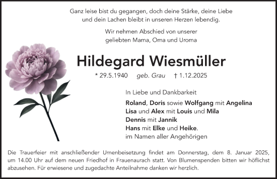 Traueranzeige von Hildegard Wiesmüller von Erlanger Nachrichten Lokal
