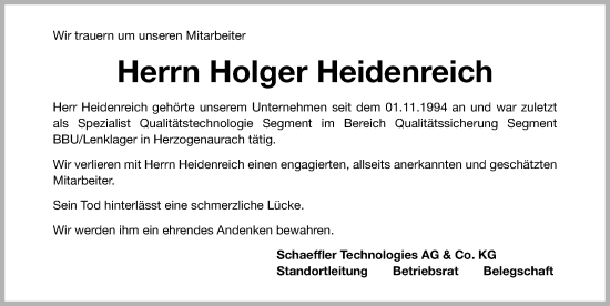 Traueranzeige von Holger Heidenreich von Nordbayerische Nachrichten Herzogenaurach Lokal