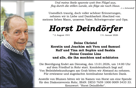 Traueranzeige von Horst Deindörfer von Schwabacher Tagblatt Lokal