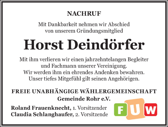 Traueranzeige von Horst Deindörfer von Schwabacher Tagblatt Lokal