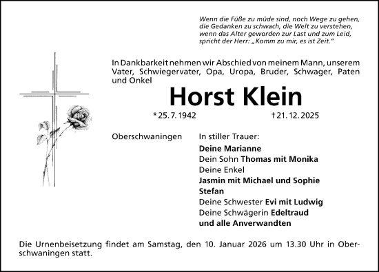 Traueranzeige von Horst Klein von Altmühl-Bote Lokal