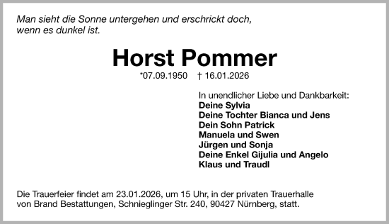 Traueranzeige von Horst Pommer von Gesamtausgabe Nürnberger Nachrichten/ Nürnberger Ztg.