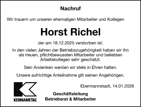 Traueranzeige von Horst Richel von Nordbayerische Nachrichten Forchheim Lokal