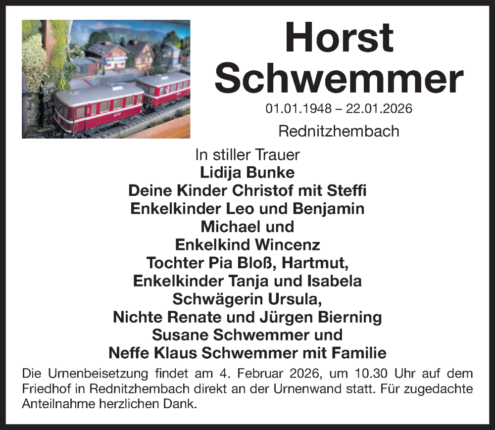  Traueranzeige für Horst Schwemmer vom 31.01.2026 aus Schwabacher Tagblatt Lokal