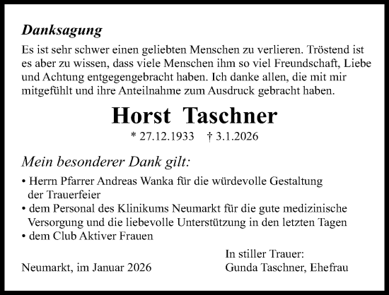 Traueranzeige von Horst Taschner von Neumarkter Nachrichten Lokal