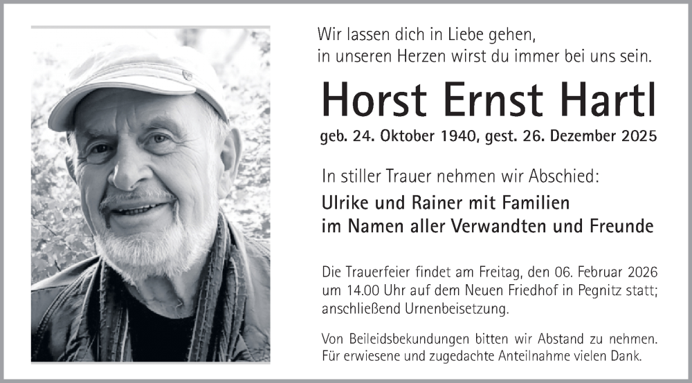  Traueranzeige für Horst Ernst Hartl vom 31.01.2026 aus Nordbayerische Nachrichten Pegnitz Lokal