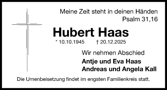 Traueranzeige von Hubert Haas von Fürther Nachrichten Lokal