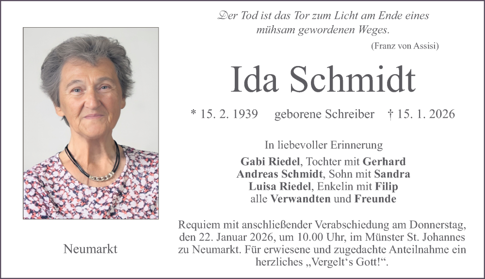  Traueranzeige für Ida Schmidt vom 17.01.2026 aus Neumarkter Nachrichten Lokal