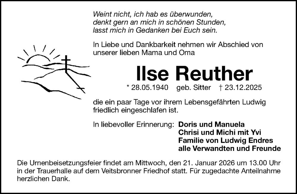  Traueranzeige für Ilse Reuther vom 17.01.2026 aus Gesamtausgabe Nürnberger Nachrichten/ Nürnberger Ztg.