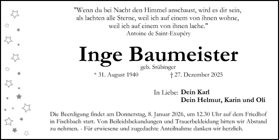 Traueranzeige von Inge Baumeister von Gesamtausgabe Nürnberger Nachrichten/ Nürnberger Ztg.