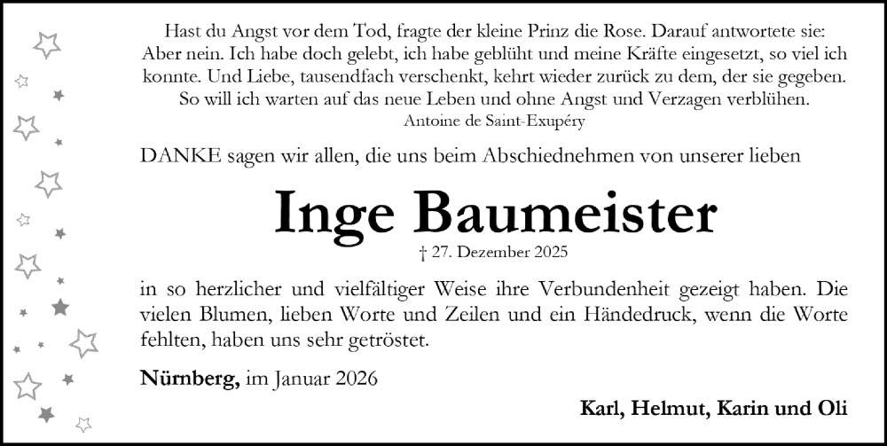  Traueranzeige für Inge Baumeister vom 24.01.2026 aus Gesamtausgabe Nürnberger Nachrichten/ Nürnberger Ztg.
