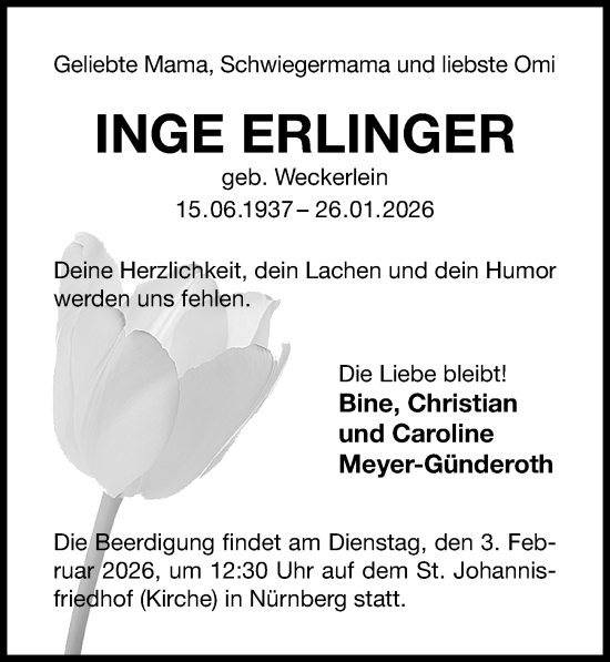 Traueranzeige von Inge Erlinger von Gesamtausgabe Nürnberger Nachrichten/ Nürnberger Ztg.