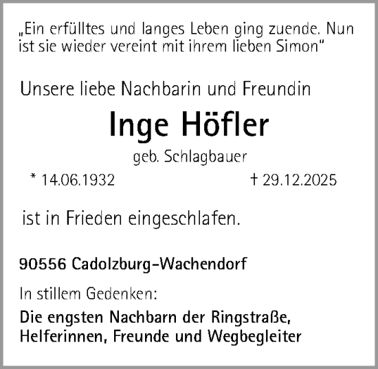 Traueranzeige von Inge Höfler von Gesamtausgabe Nürnberger Nachrichten/ Nürnberger Ztg.