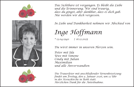 Traueranzeige von Inge Hoffmann von Roth-Hilpoltsteiner Volkszeitung Lokal