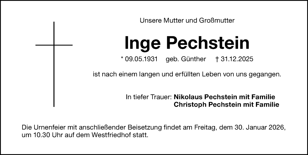  Traueranzeige für Inge Pechstein vom 24.01.2026 aus Gesamtausgabe Nürnberger Nachrichten/ Nürnberger Ztg.