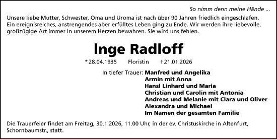 Traueranzeige von Inge Radloff von Gesamtausgabe Nürnberger Nachrichten/ Nürnberger Ztg.