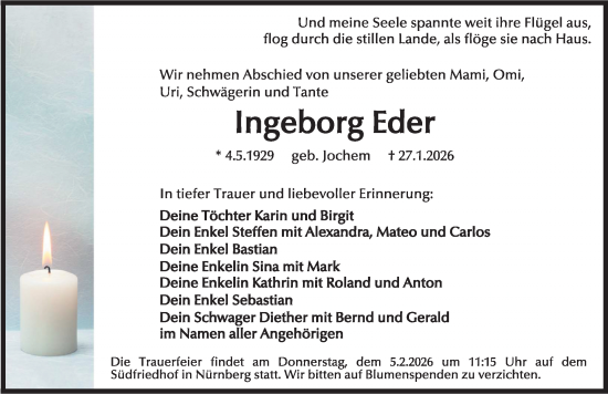 Traueranzeige von Ingeborg Eder von Gesamtausgabe Nürnberger Nachrichten/ Nürnberger Ztg.